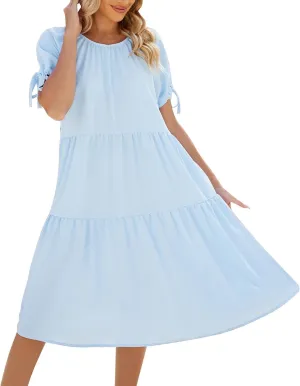 ZYXTIM Womens 2024 Summer Ruffle Short Sleeve Sundress Flowy Swing Dress Casual Loose Smocked Midi Dress Cute Sundress
