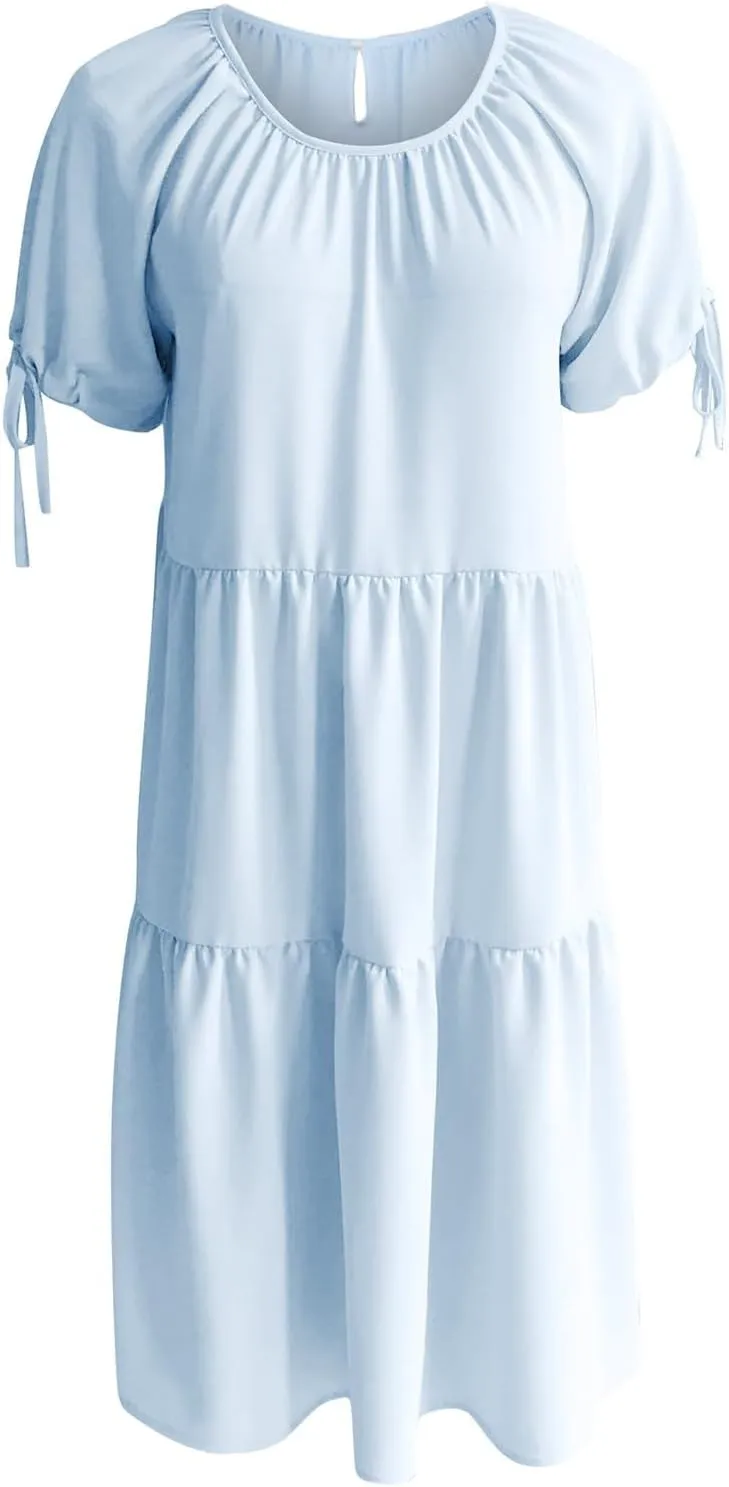 ZYXTIM Womens 2024 Summer Ruffle Short Sleeve Sundress Flowy Swing Dress Casual Loose Smocked Midi Dress Cute Sundress