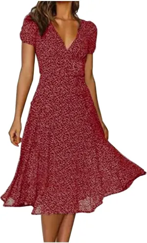 ZYXTIM Women's Elegant V Neck Summer Boho Dress Floral Print Short Sleeve Elastic Waist Flowy Dress Travel Vacation Outfits